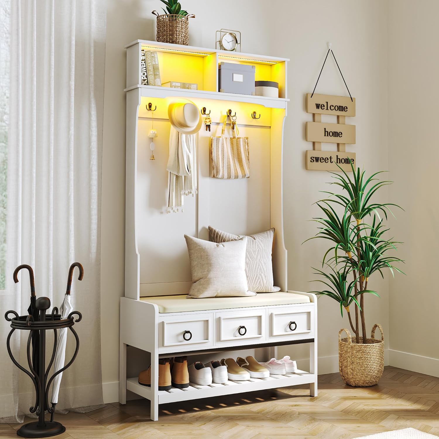 Gurexl 67” Farmhouse Hall Tree With Shoe Storage, Auto Sensor Wood Coat Tree With Led Lights, 3-In-1 Entryway Bench With Coat Rack, Hooks And Drawers For Hallway, Living Room, Bedroom (White)