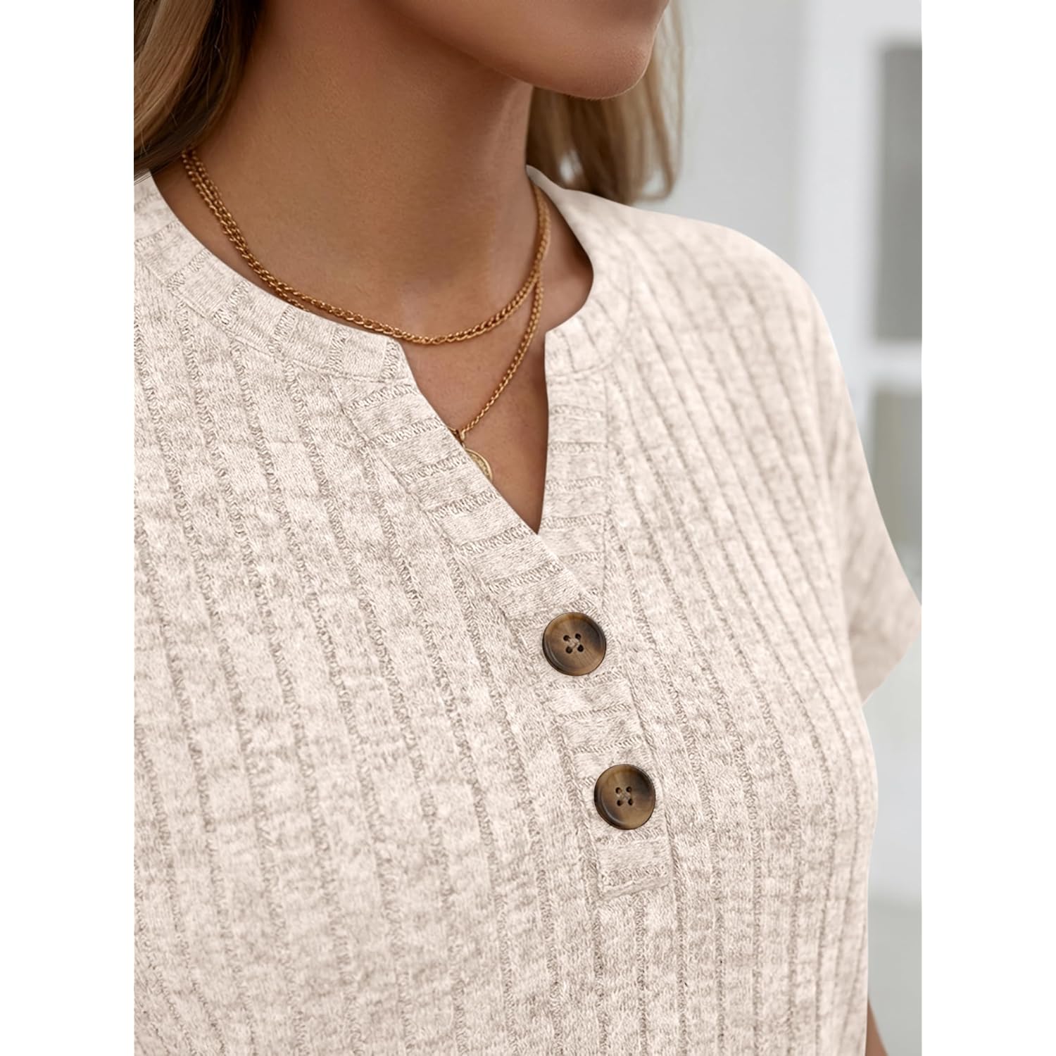 Womens Spring Top Summer Short Sleeve T Shirt Business Dressy Casual Blouse Henley V Neck Sweater Loose Fit Tee Tunic