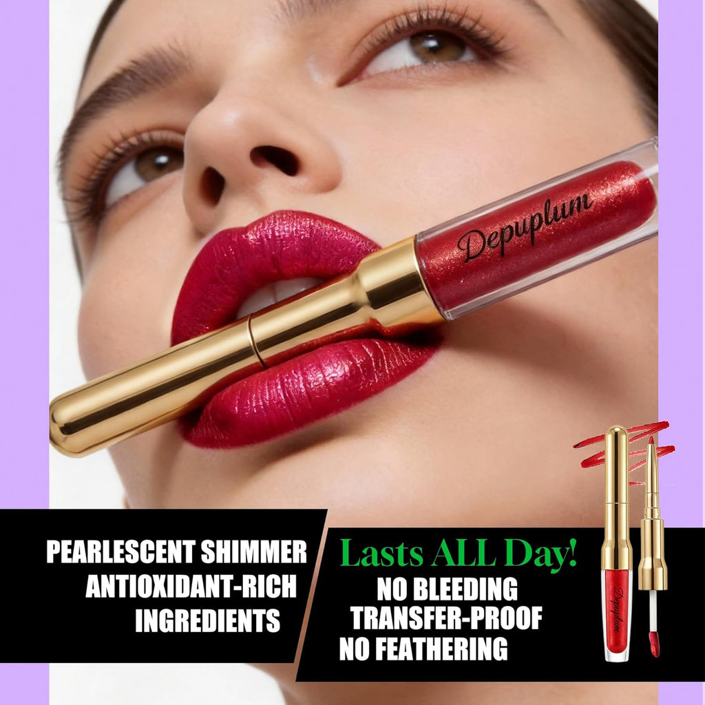 Depuplum Pink Metallic Lipstick and Lip Liner Combo Makeup 2in1 Shimmer Glitter Lipsticks for Women Metallic Lip Gloss Stain Waterproof Smudgeproof Nude Long Lasting Lipsticks (GB19 Daring)