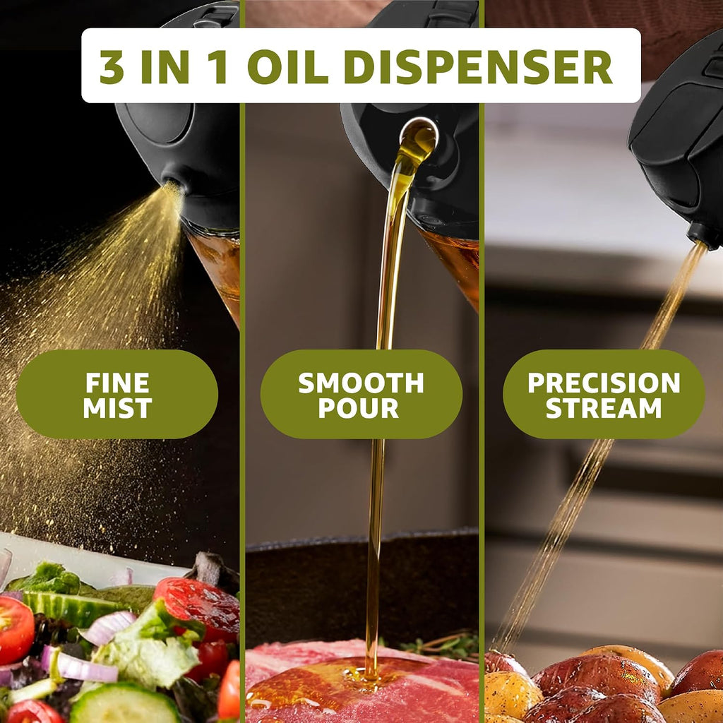 Finedine 16Oz Olive Oil Sprayer For Cooking, 2 In 1 Olive Oil Dispenser Bottle For Kitchen, Air Fryer, Salad, Bbq & Baking – Dual Spray Mist & Stream, With Measurement Marks, Black