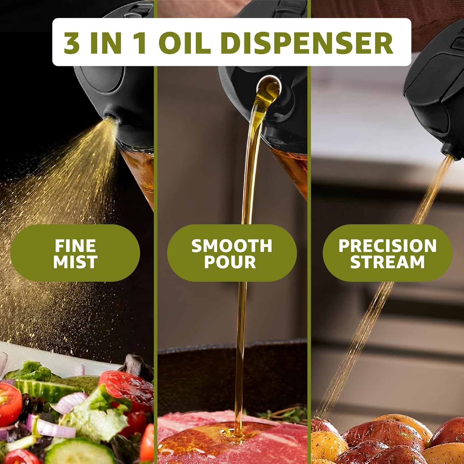 Finedine 16Oz Olive Oil Sprayer For Cooking, 2 In 1 Olive Oil Dispenser Bottle For Kitchen, Air Fryer, Salad, Bbq & Baking – Dual Spray Mist & Stream, With Measurement Marks, Black