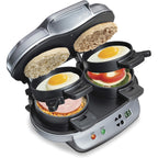 Hamilton Beach Dual Breakfast Sandwich Maker With Egg Cooker Rings & Timer | Perfect For English Muffins, Croissants, Mini Waffles | Customizable & Fast |Pfas-Free | Silver | 25490Mna