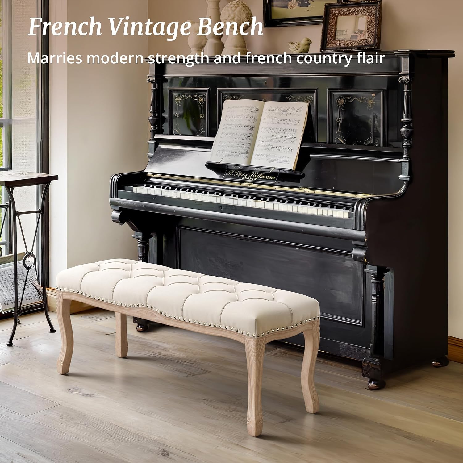 Bedroom Bench, French Vintage Tufted Entryway Bench, 45.2" Carving Upholstered End Of Bed Bench With Distressed Wood Legs, Linen Ottoman Seat For Living Room, Foyer, Dining Room, Beige