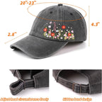 Embroidered Baseball Cap for Women Girls, Elegant Floral Baseball Cap for Women, Adjustable Breathable Hats for Casual Wear Black Wildflower