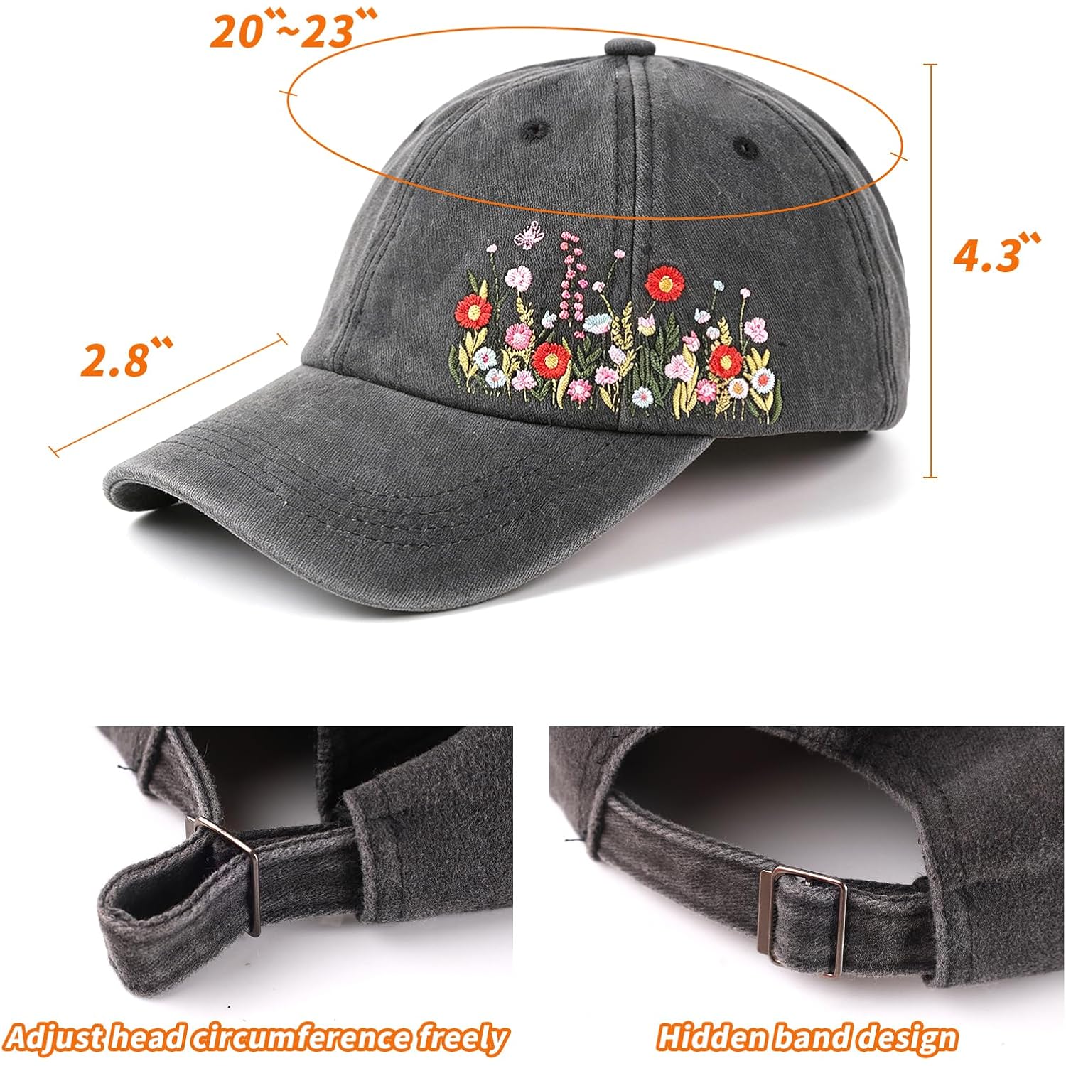 Embroidered Baseball Cap for Women Girls, Elegant Floral Baseball Cap for Women, Adjustable Breathable Hats for Casual Wear Black Wildflower