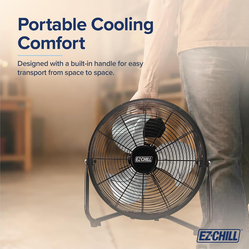 Ez-Chill 12” Cradle Floor Fan, 3 Speed, High Velocity, 180 Degree Adjustable Tilt, All-Metal, Carry Handle, Rubber Feet, Airflow 15.42 Ft/Sec, Ideal For Home, Bedroom & Office, Black