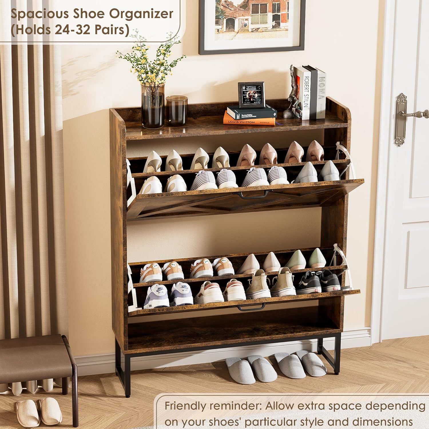 Nicetree Shoe Cabinet Organizer with 2 Flip Drawers, Freestanding Narrow Rack with Metal Legs, Farmhouse Slim Shoe Storage for Entryway, Foyer, Hallway, Rustic Brown