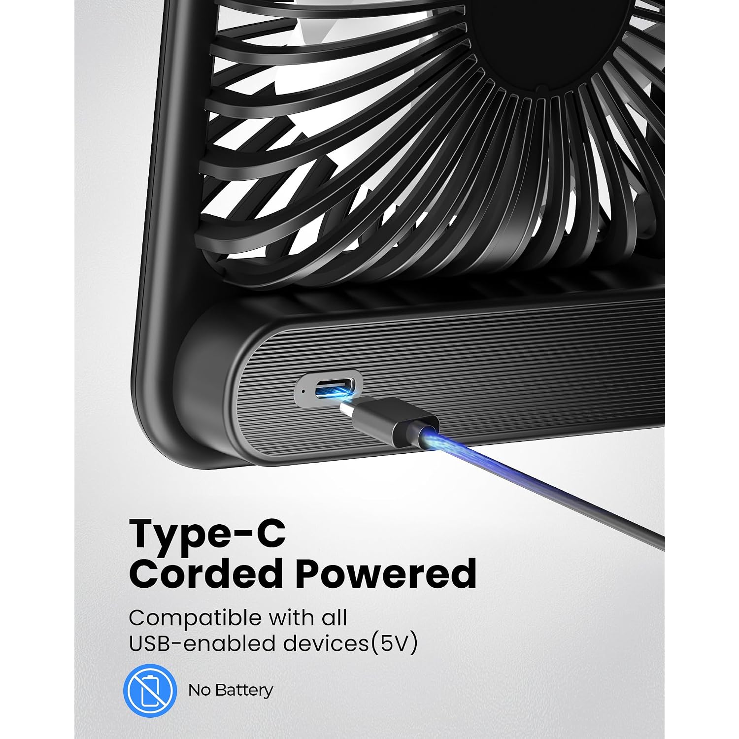 Koonie Usb Desk Fan, Strong Wind Ultra Quiet Small Mini Fan | 180° Tilt Folding & 3 Speeds Adjustable, Usb-C Corded Powered Personal Fan For Office Desktop Bedroom, Black, No Battery