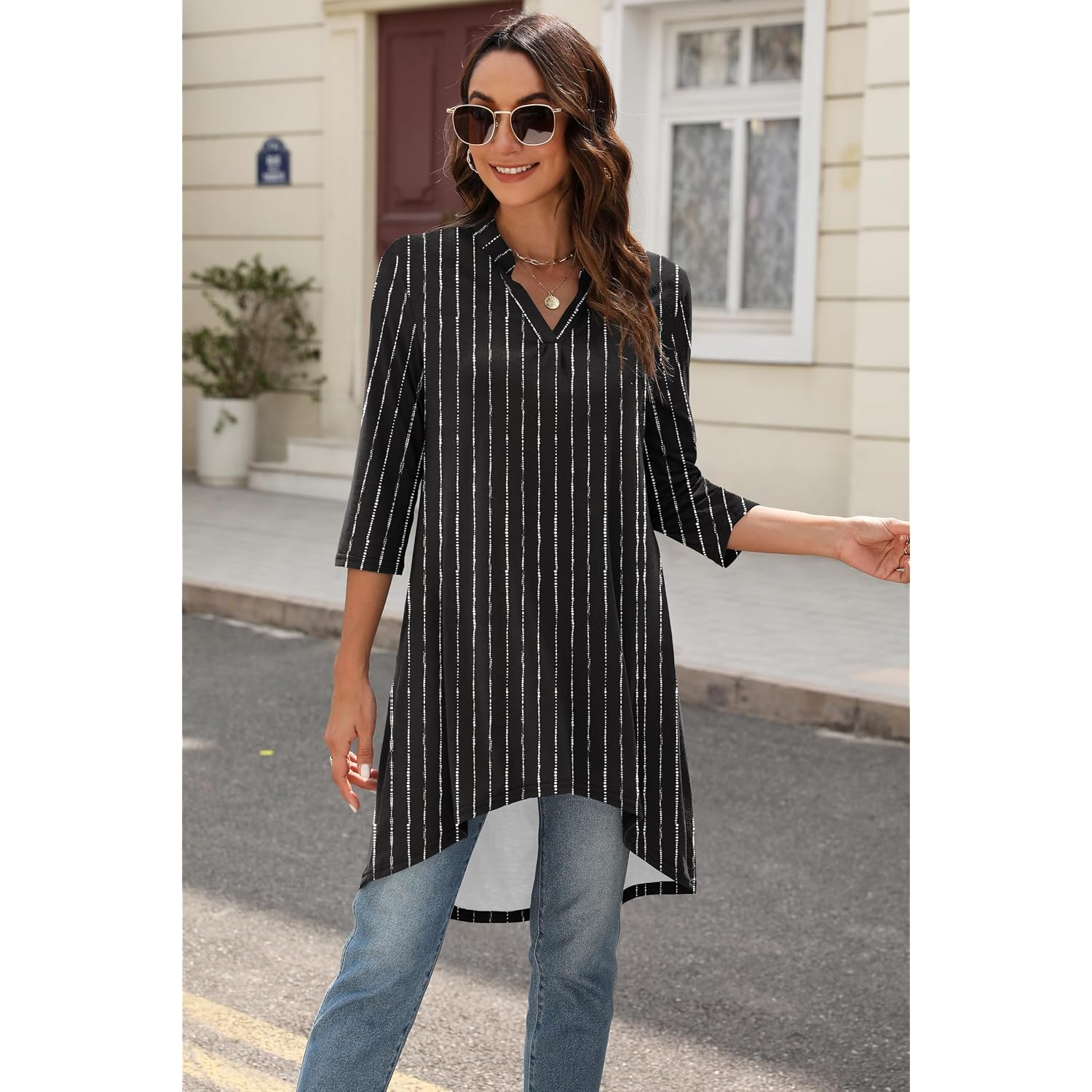 Women's 3/4 Sleeve Notch V Neck High Low Loose Fit Long Tunic Tops Shirts Blouses M-3XL