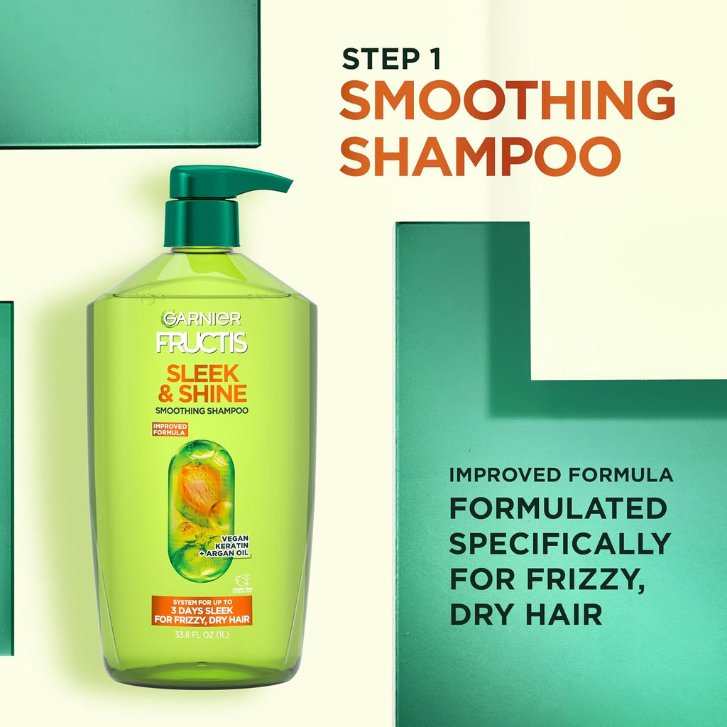Garnier Fructis Sleek & Shine Shampoo, Smoothing Shampoo For Frizzy, Dry Hair With Argan Oil And Vegan Keratin, 33.8 Fl Oz (Packaging May Vary)