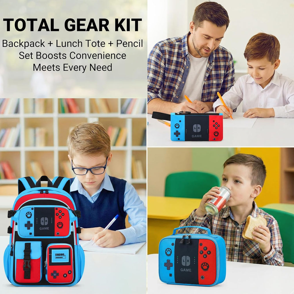 School Backpack For Boys - 4Pcs Gamer Boys Backpack With Lunch Box Set For Elementary Middle School - Students Bag For Ages 6-18,18″ Video Game Bookbag Travel Back Pack