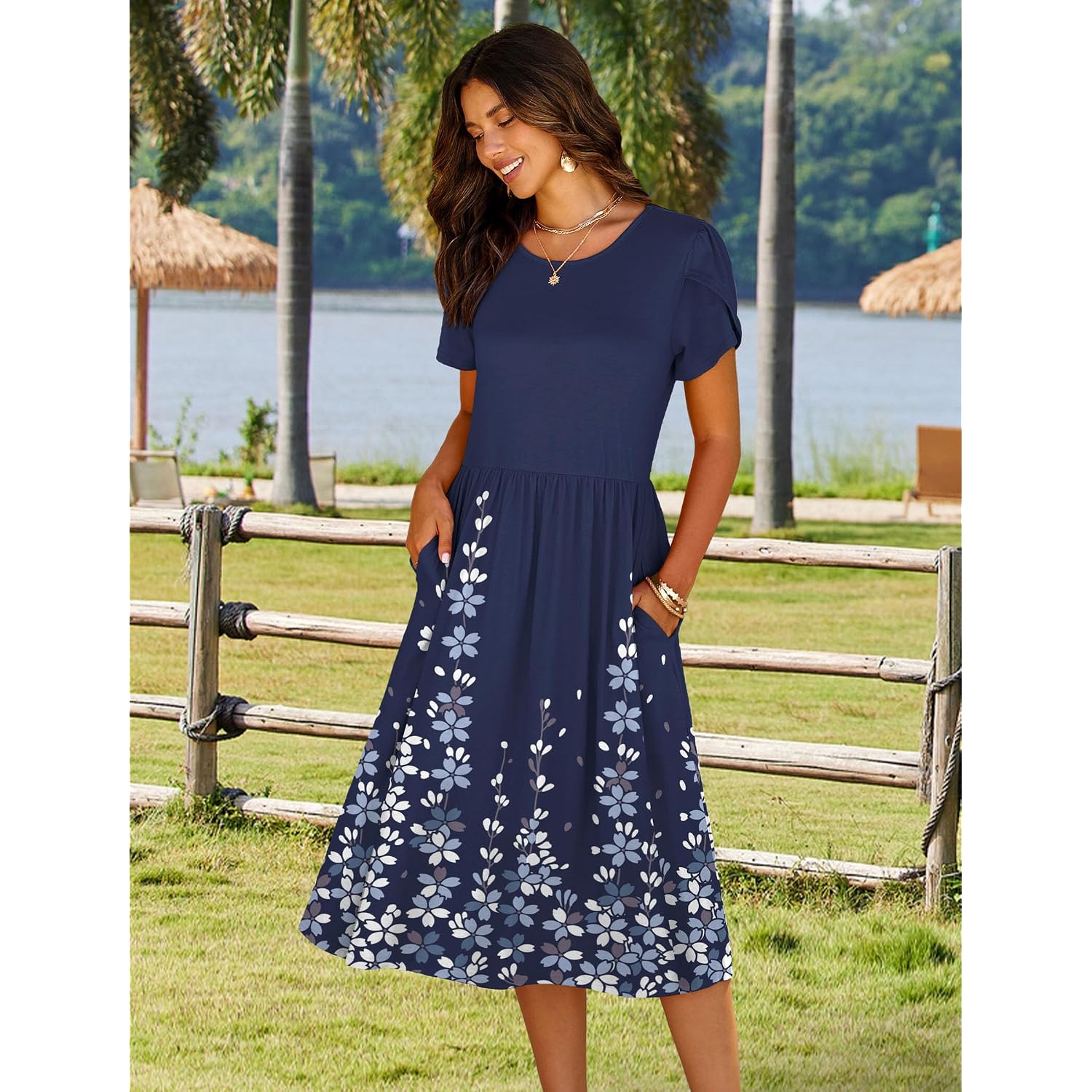 Hotouch Women'S Summer A-Line Midi Dresses 2026 Casual Floral Short Sleeve T-Shirt Dress Flowy Beach Sundress With Pockets