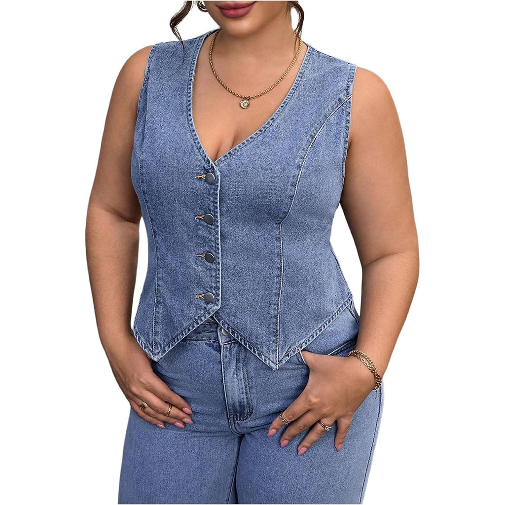 Floerns Women'S Plus Size Sleeveless Vest Denim Jacket Button Front V Neck Waistcoat