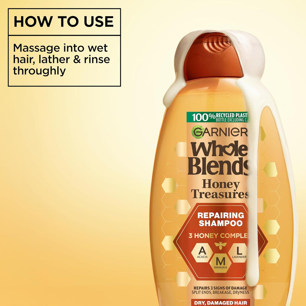 Garnier Whole Blends Honey Treasures Repairing Shampoo, For Dry, Damaged Hair, 3 Fl Oz (Travel Size), 1 Count (Packaging May Vary)