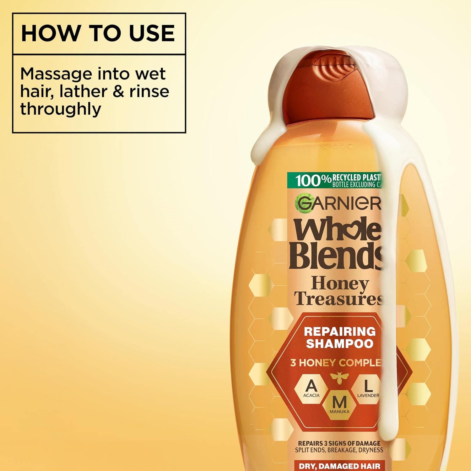 Garnier Whole Blends Honey Treasures Repairing Shampoo, For Dry, Damaged Hair, 3 Fl Oz (Travel Size), 1 Count (Packaging May Vary)