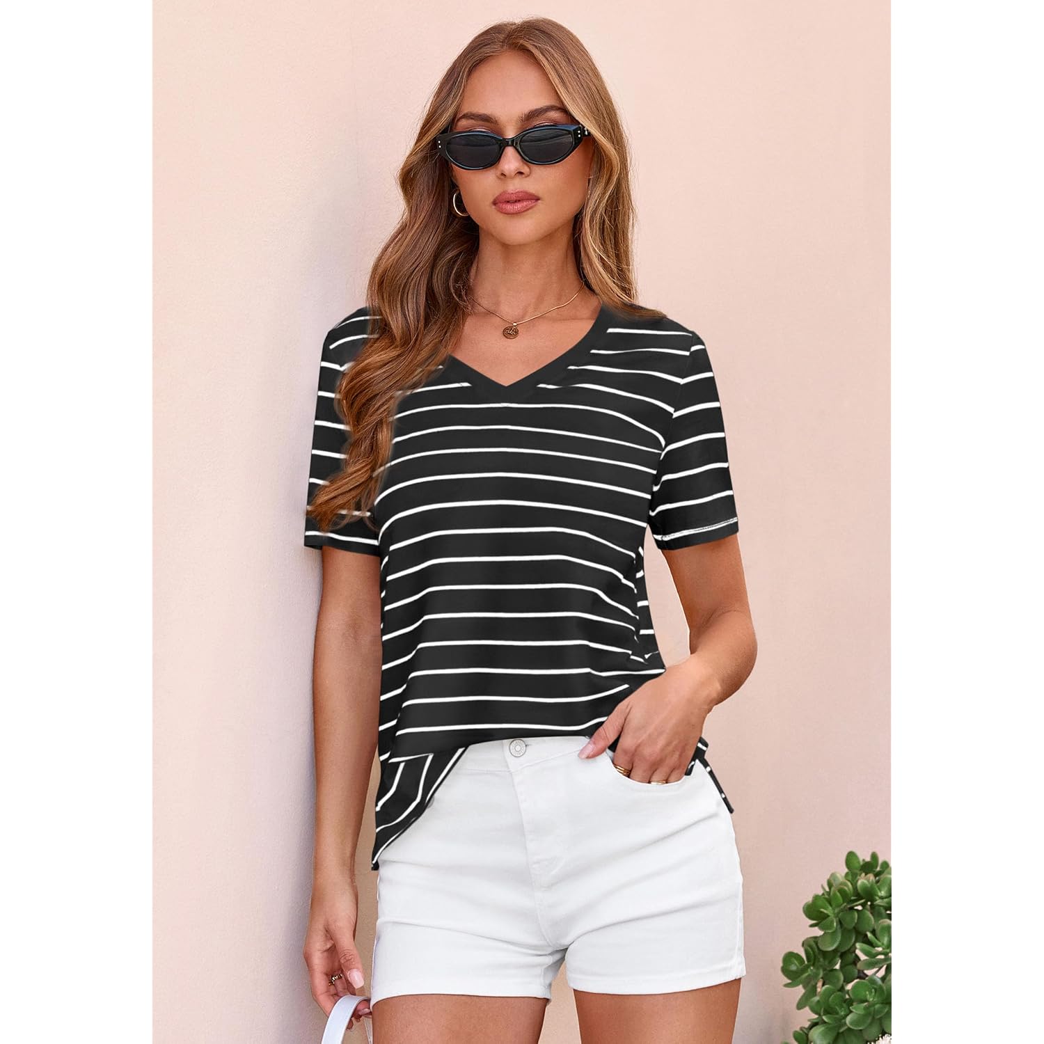 Prettygarden Short Sleeve Shirts For Women 2026 Spring V Neck Cute Tops Casual Striped Shirt Knitted Tees Summer Outfits