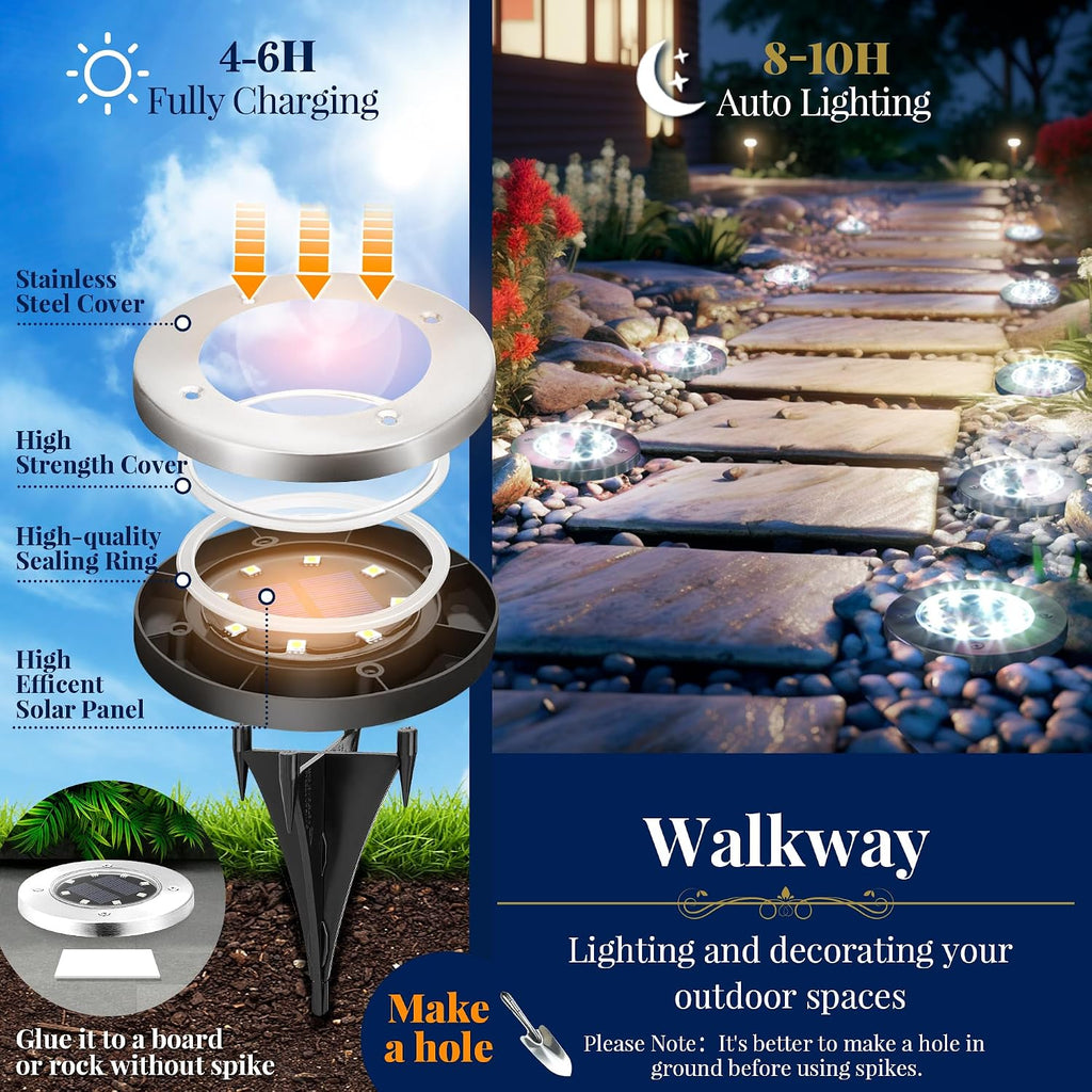 Solpex Solar Ground Lights, 12 Pack Solar Lights Outdoor Waterproof, 8 Led Solar Powered Landscape Lighting For Garden Yard Patio Pathway Driveway Walkway (Cool White)