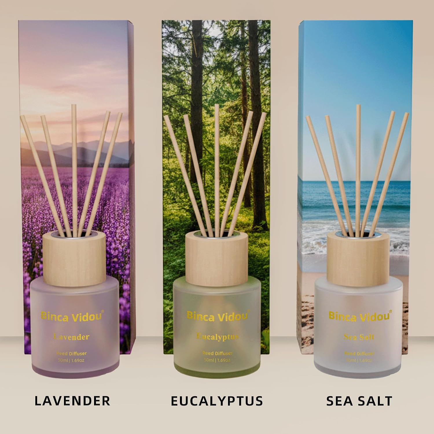Reed Diffuser Set Of 3, Binca Vidou Lavender, Eucalyptus & Sea Salt Natural Scent Oil Diffusers With Sticks For Home Office Bathroom Aromatherapy Decor 1.69Oz X 3