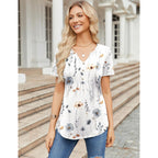 Womens Short Sleeve Tops Summer Henley V-Neck Tshirts Casual Pleated Blouse Dressy Loose Floral Basic Tee