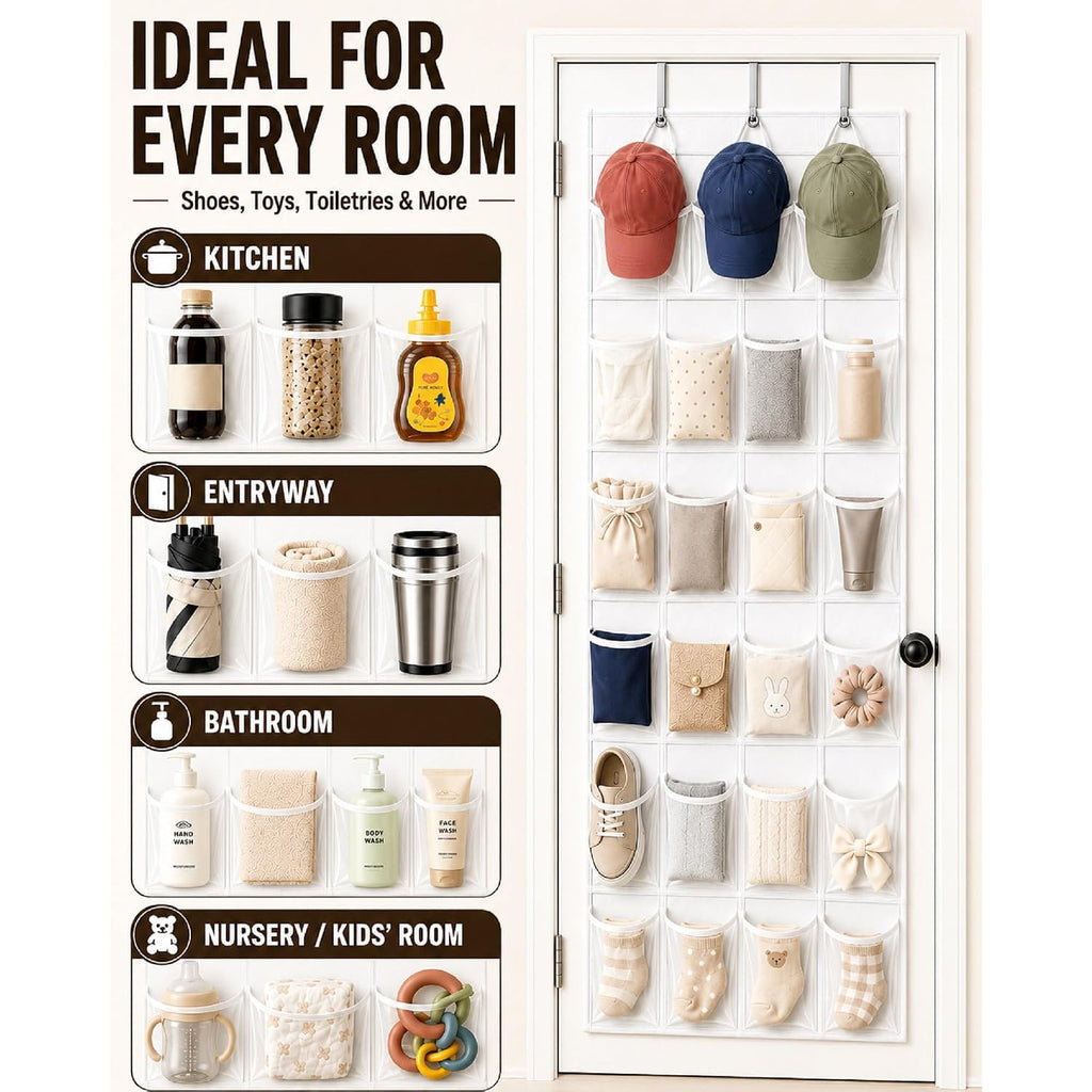 Over The Door Shoe Organizer With 24 Crystal Clear Pockets And Metal Hooks – Heavy Duty Hanging Shoe Storage Rack For Closet, Bathroom, Dorm – Space Saving For Shoes, Accessories, Toys (White)