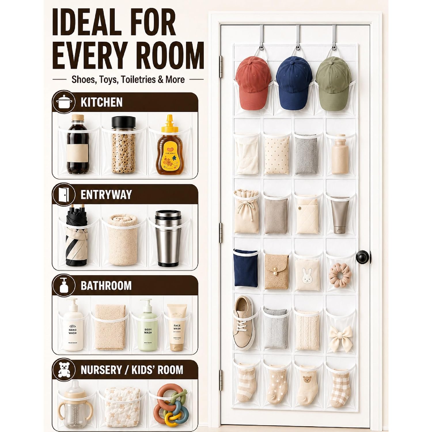 Over The Door Shoe Organizer With 24 Crystal Clear Pockets And Metal Hooks – Heavy Duty Hanging Shoe Storage Rack For Closet, Bathroom, Dorm – Space Saving For Shoes, Accessories, Toys (White)
