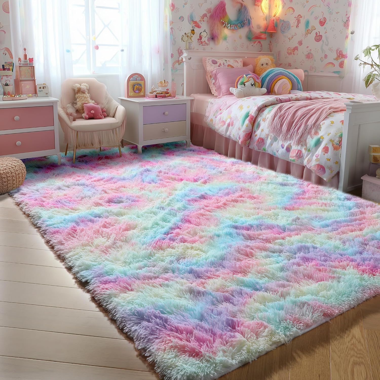 4X6 Rainbow Fluffy Soft Plush Area Rugs For Girls Bedroom, Shaggy Vibrant Rugs For Kids Playroom,Kawaii Princess Fuzzy Rugs For Nursery Baby Toddler,Cute Colorful Room Decor For Teenage