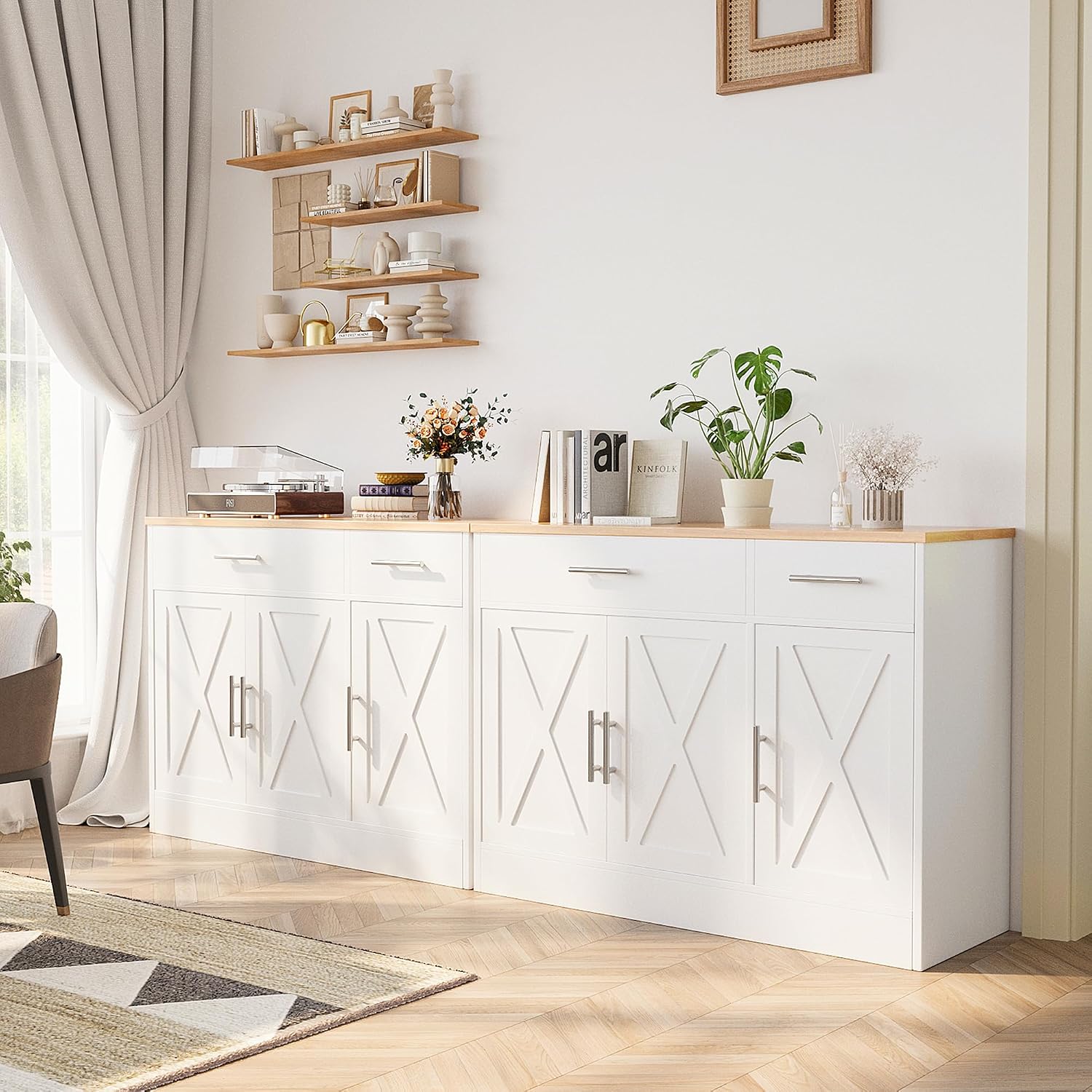 Shintenchi Modern Farmhouse Sideboard Buffet Cabinet With Storage With 3 Doors,42" Barn Doors Buffet Cabinet With Storage, Wood Coffee Bar Cabinets With Adjustable Shelf For Kitchen Living Room,White