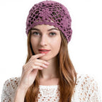 Zlyc Women Cotton Crochet Skull Cap Handmade Knit Cutout Floral Beanie Hat