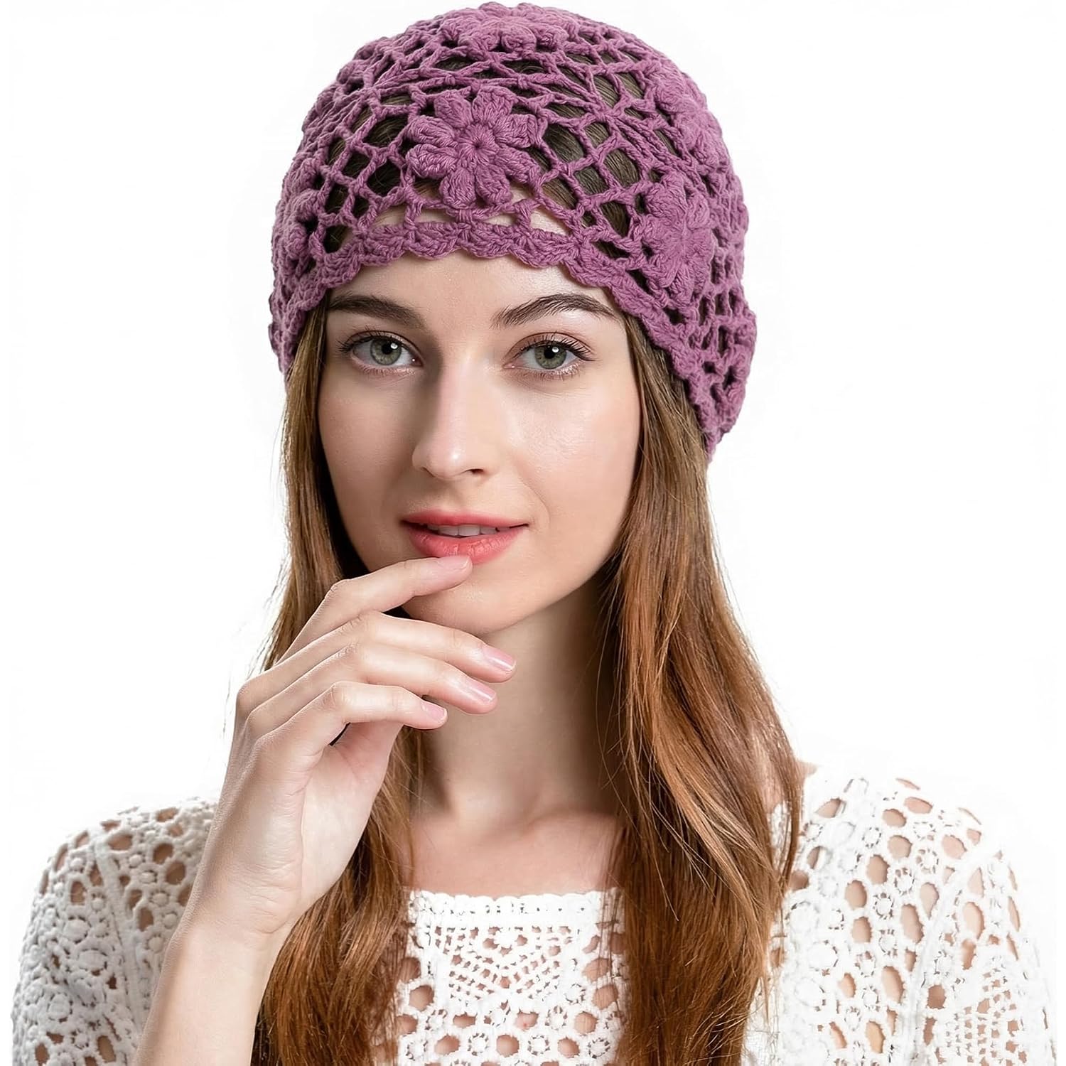 Zlyc Women Cotton Crochet Skull Cap Handmade Knit Cutout Floral Beanie Hat