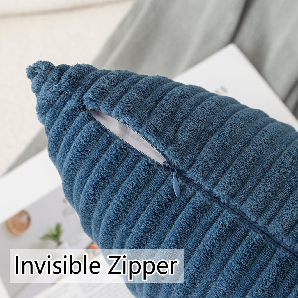 Ugasa Velvet 12X20 Inch Lumbar Soft Throw Pillow Cover Boho Farmhouse Decorative Corduroy Striped Both Sides Solid Rectangular Cushion Case For Couch Bedroom Sofa Home, 1 Piece, Dusty Blue