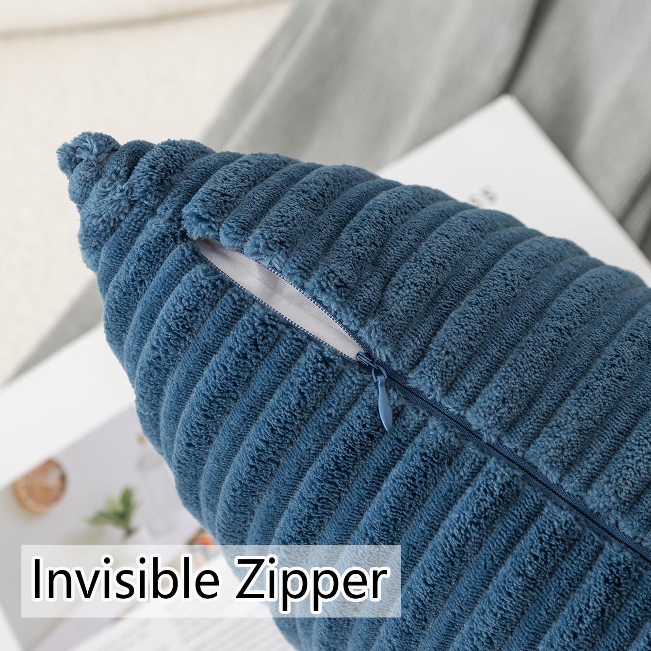 Ugasa Velvet 12X20 Inch Lumbar Soft Throw Pillow Cover Boho Farmhouse Decorative Corduroy Striped Both Sides Solid Rectangular Cushion Case For Couch Bedroom Sofa Home, 1 Piece, Dusty Blue