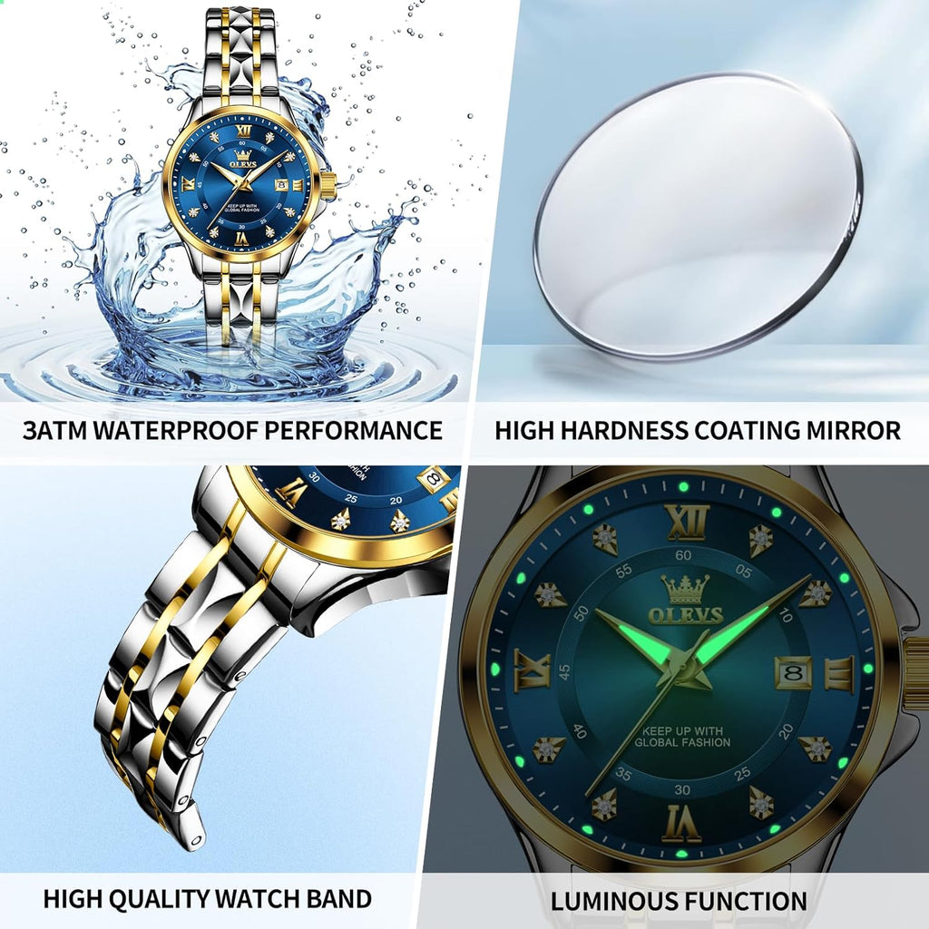 OLEVS Watch Women Two Tone Watches for Women with Date Dress Womens Watches for Medium Wrists Luxury Easy Read Womens Watch Waterproof Blue/Black/Gold/Silver Dial Reloj para Mujer Ideal Gift for Her