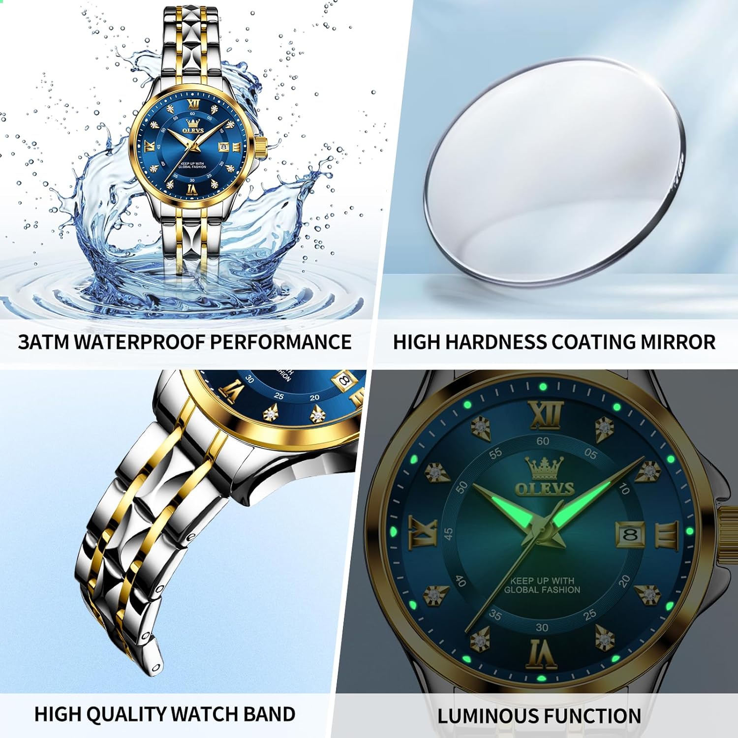 OLEVS Watch Women Two Tone Watches for Women with Date Dress Womens Watches for Medium Wrists Luxury Easy Read Womens Watch Waterproof Blue/Black/Gold/Silver Dial Reloj para Mujer Ideal Gift for Her
