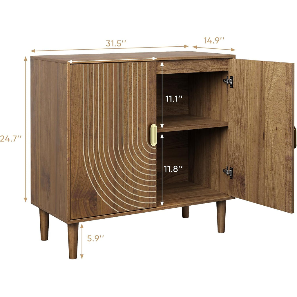 Smuxee Walnut Sideboard Cabinet, Freestanding Buffet Cabinet With Line Groove Design, Wood Storage Cabinet With Adjustable Shelf For Living Room, Entryway, Hallway