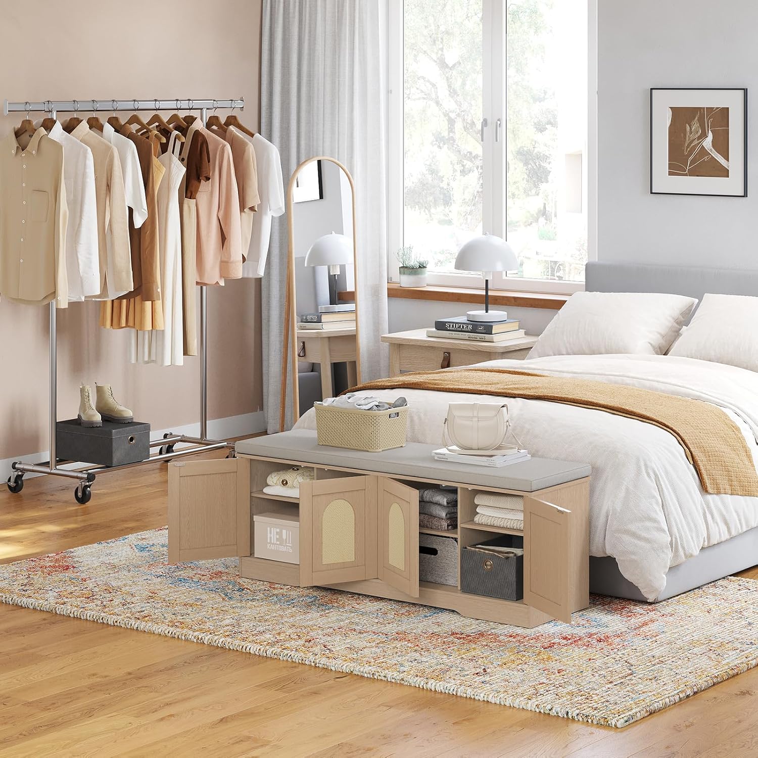Shoe Bench, Entryway Storage Bench With Doors, Cushion, 2-Tier Shoe Rack With 8-Cubby, 47.2”L X 13.8”W Shoe Organizer Cabinet, Adjustable Shelf, Living Room, Bedroom, Natural With Rattan