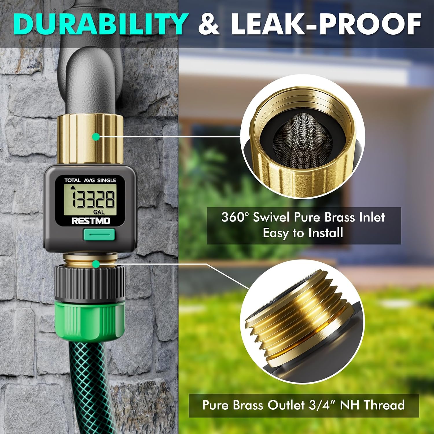 Restmo Water Flow Meter, Measure Gallon/Liter Consumption And Flow Rate | Brass Inlet & Outlet, Water Meter For Outdoor Garden Hose Watering, Rv Water Tank Filling, Lawn Sprinkler And Nozzle Sprayer