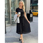 Zesica Women'S 2026 Summer Short Sleeve Midi Dresses Crewneck Knit Belted Pleated A Line Flowy Wedding Guest Long Dress