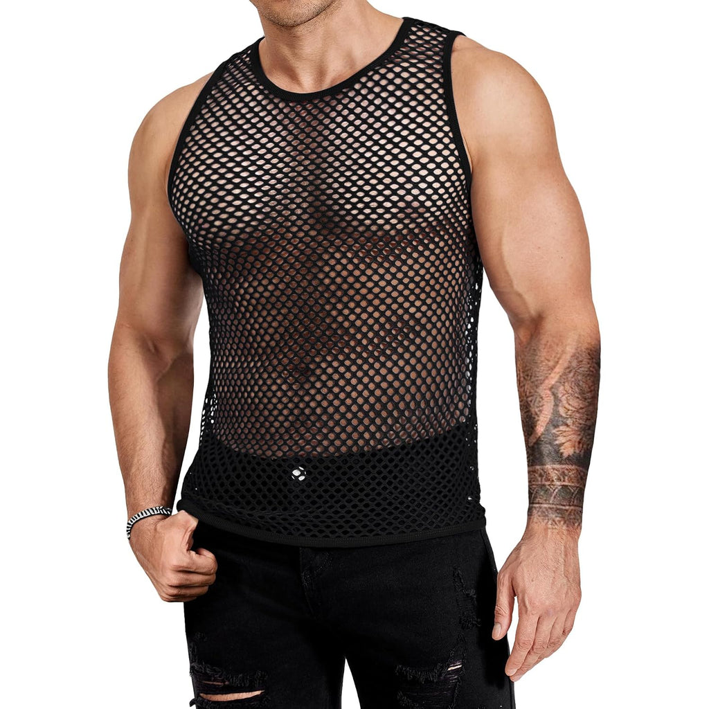 Coofandy Men Casual Tank Tops Mesh Shirt See Through Sleeveless Shirts Muscle Fishnet Fitted Tee Clubwear Summer
