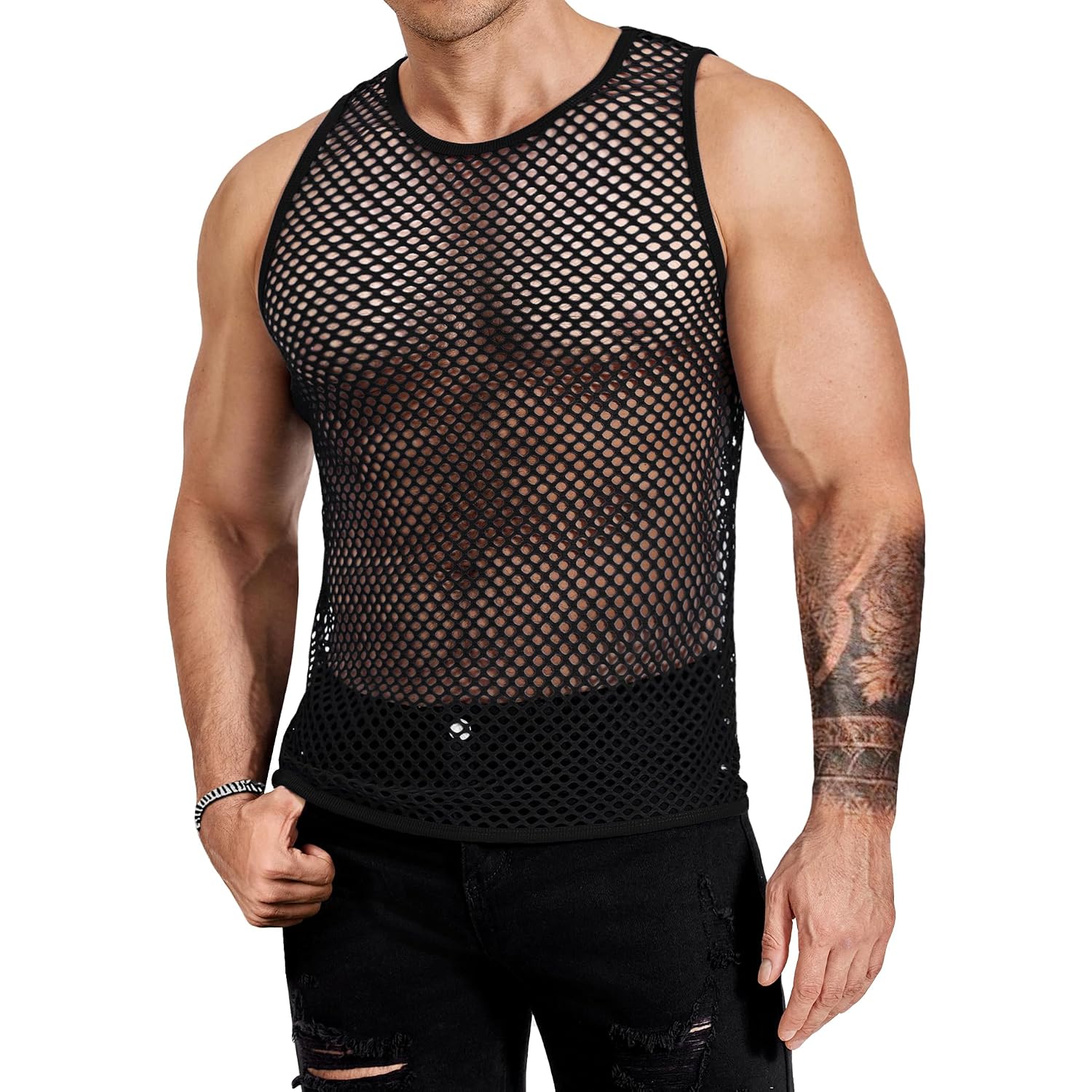Coofandy Men Casual Tank Tops Mesh Shirt See Through Sleeveless Shirts Muscle Fishnet Fitted Tee Clubwear Summer