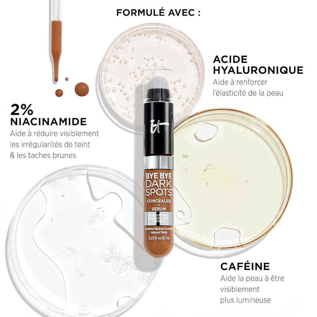 IT Cosmetics Bye Bye Dark Spots Concealer + Brightening Serum – 2% Niacinamide, Hyaluronic Acid & Caffeine - Medium Coverage, Natural Finish, All Skin Types - 0.22 fl oz