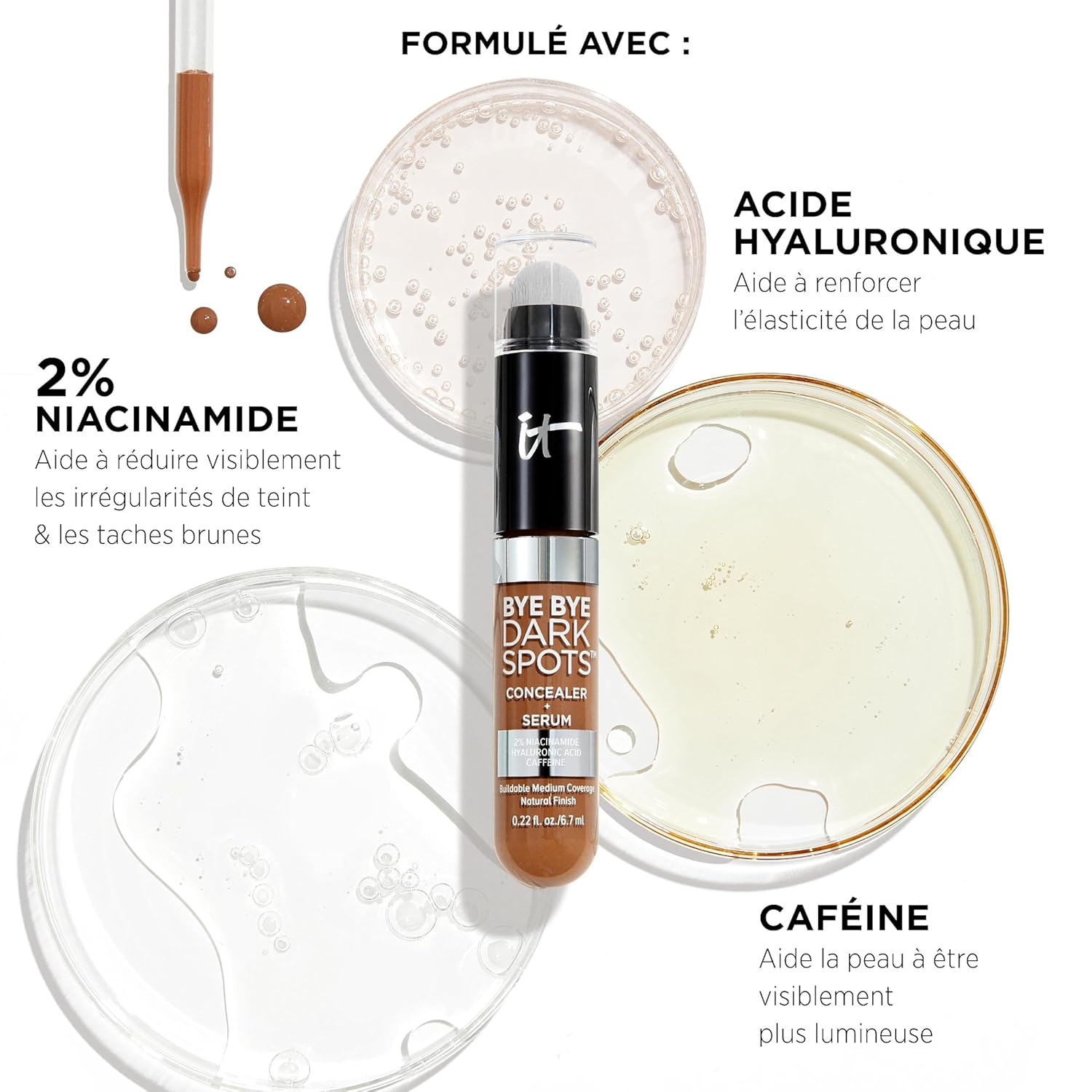 IT Cosmetics Bye Bye Dark Spots Concealer + Brightening Serum – 2% Niacinamide, Hyaluronic Acid & Caffeine - Medium Coverage, Natural Finish, All Skin Types - 0.22 fl oz