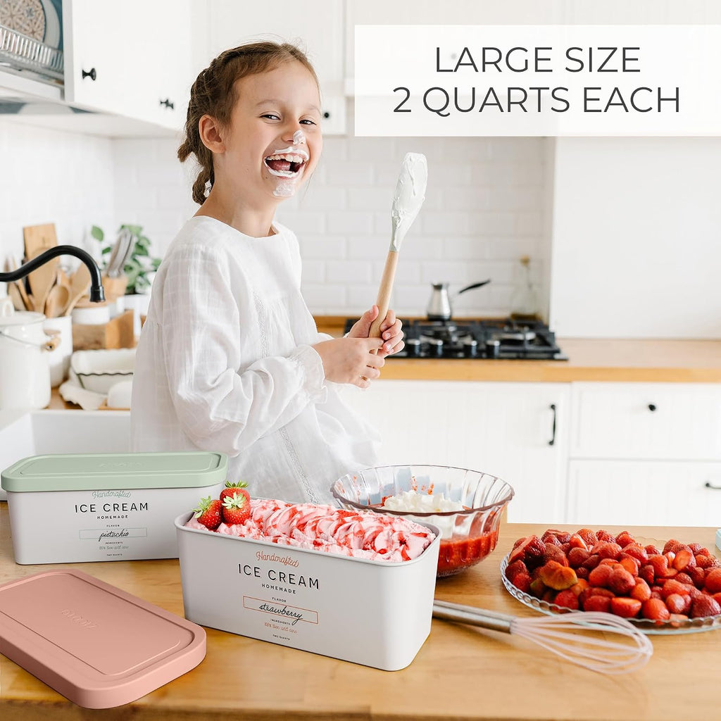 Zicoto Set Of 2 Reusable Ice Cream Tub Containers 2 Quart Each - Perfect For Homemade Sorbet, Frozen Yogurt Or Gelato - Stackable Storage Containers, Stickers And Lids Stores Easily In Freezer