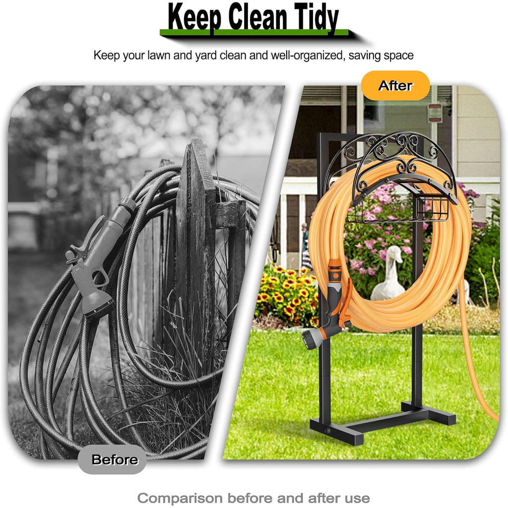 Gayuteay Garden Hose Holder – Water Hose Reel Stand With Storage Basket Holds 151Ft, Heavy Duty Freestanding Garden Hanger Storage Rack For Outside Yard Lawn Farm