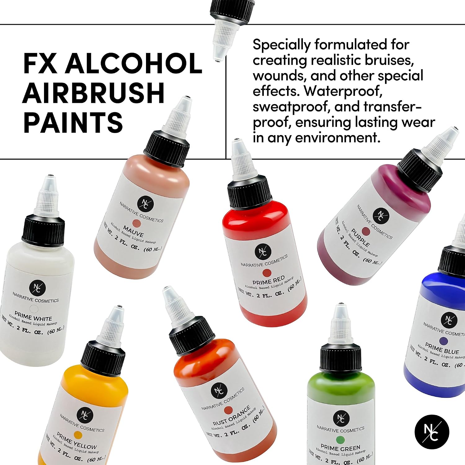 Narrative Cosmetics Fx Alcohol Airbrush Paint — 2 Fl Oz | Waterproof, Quick-Dry, Skin-Safe Body & Sfx Makeup | Brush Or Sponge | Stage, Film, Halloween, Cosplay, Bodypainting — Prime Black