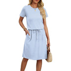 Ofeefan Womens Summer Dresses Fashion Short Sleeve Crew Neck T Shirt Sundresses Casual Tie Waist With Pockets