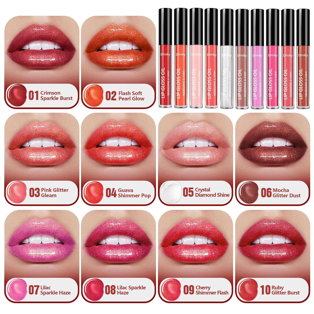 Dmsky Bling Lip Gloss Set,10 Colors High Shine Lip Gloss Pack Non-Sticky Pink Glitter Long Lasting Moisturizing,Multi Fruit Flavors Glitter Makeup For Women,20 Pack