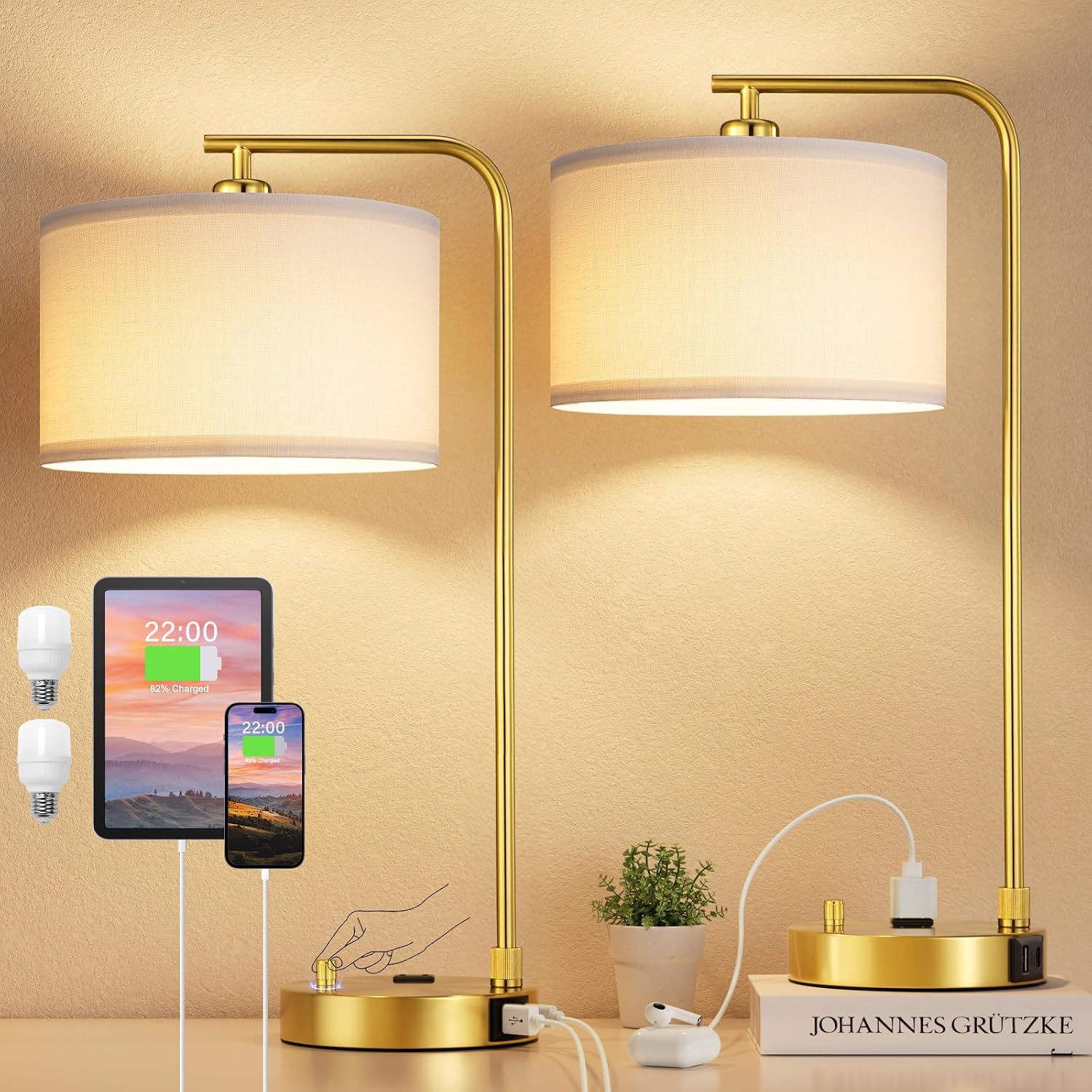 Bedside Table Lamps For Bedroom Set Of 2-Dimmable Nightstand Lamps With Usb Port And Outlet,Modern Gold Lamps With Linen Shade,Tall Desk Lamps For Home Office Bedroom Living Room End Table