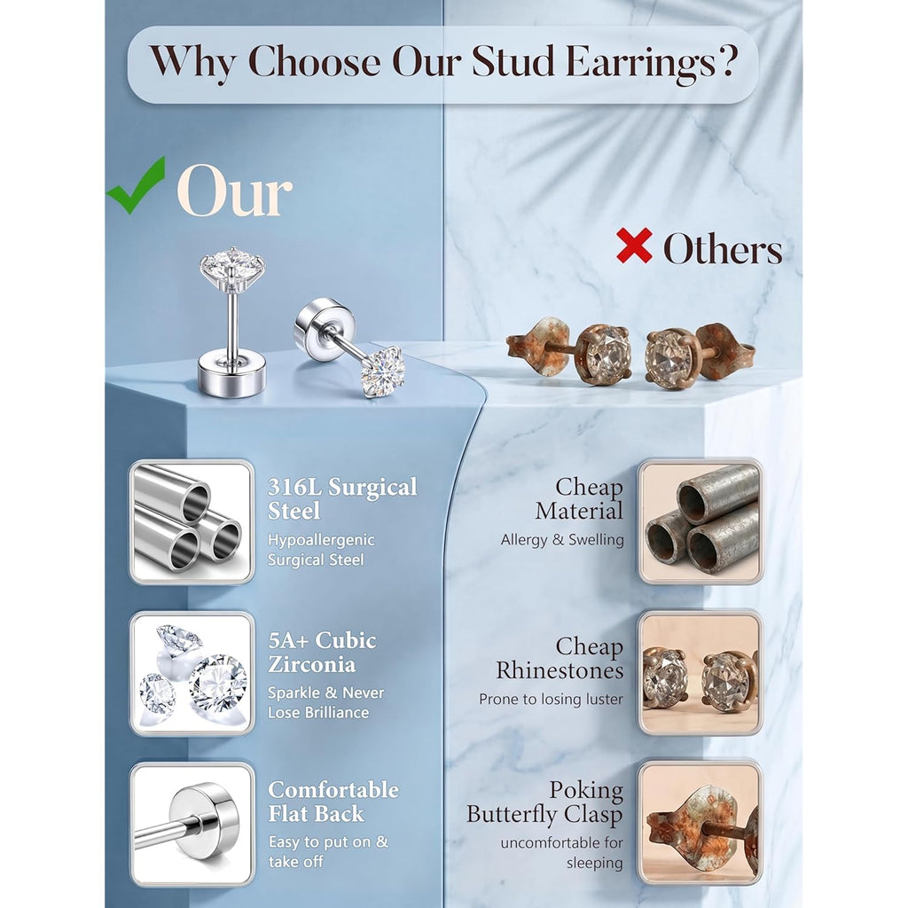 21Pairs Hypoallergenic Flat Back Stud Earrings for Women - Surgical Stainless Steel Earrings for Sensitive Ears 20G Small Flatback Stud Screw Back Cartilage Earring Stacks Sets for Multiple Piercing