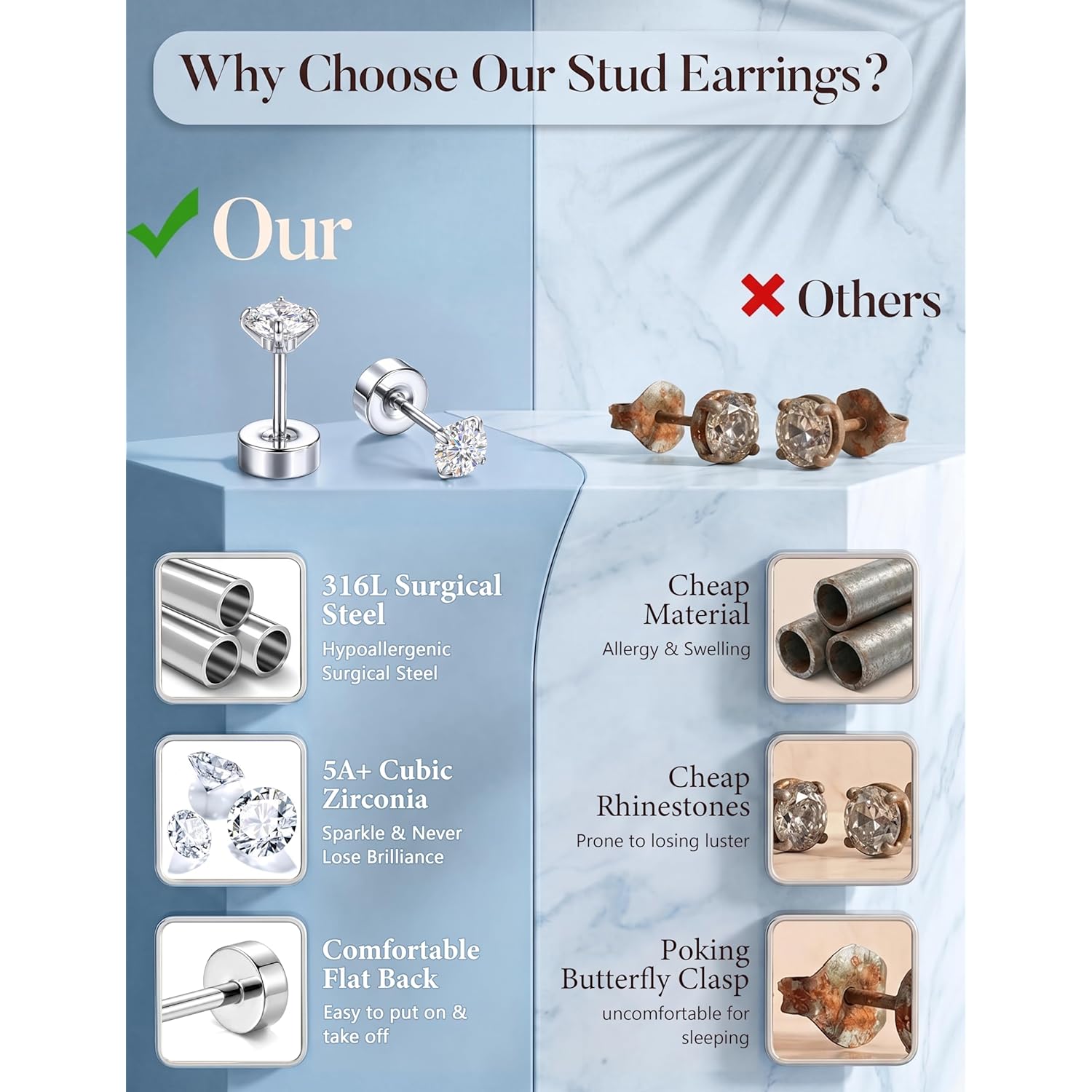21Pairs Hypoallergenic Flat Back Stud Earrings for Women - Surgical Stainless Steel Earrings for Sensitive Ears 20G Small Flatback Stud Screw Back Cartilage Earring Stacks Sets for Multiple Piercing