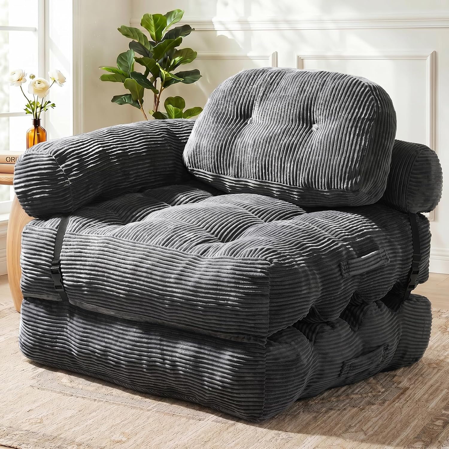 Folding Sofa Bed, L-Shaped Couch Back Support And Arm Pillow Futon